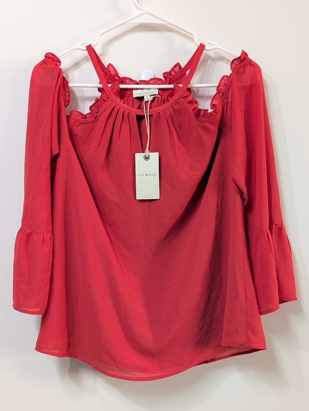 Lucky Brand Coral Ruffle Cold Shoulder Bell Sleeve Blouse
